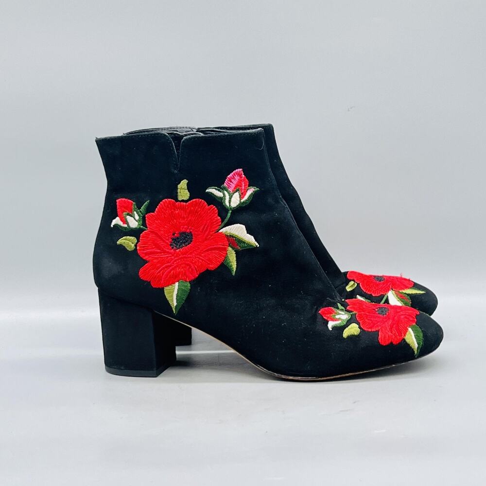 Kate Spade Boots Womens 8.5 Black Suede Embroidered Floral Ankle Heel Shoes